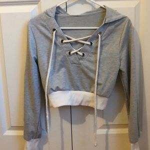 Cropped Gray and White Hoodie